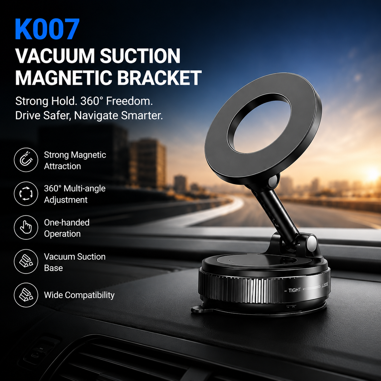 Magnetic Vacuum Suction Phone Holder – 360° Adjustable Car Dashboard & Windshield Mount