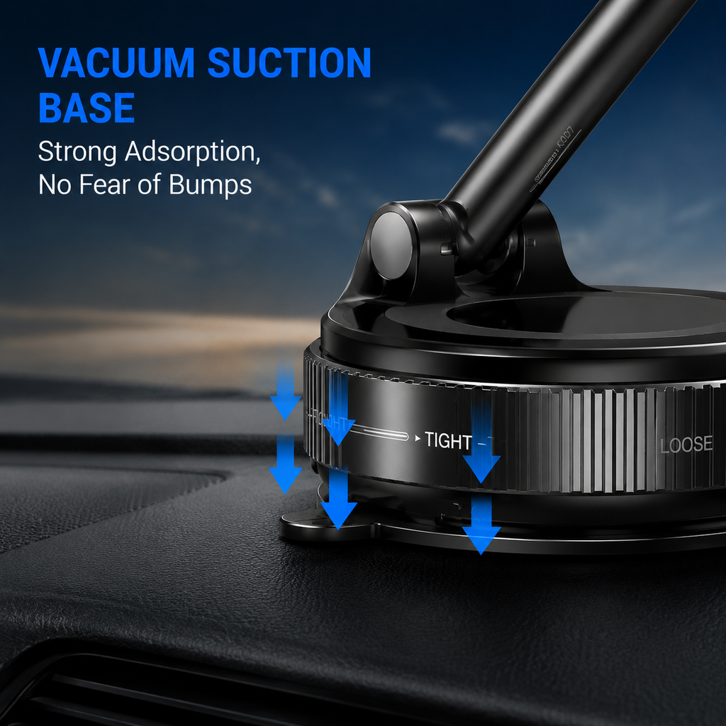 Magnetic Vacuum Suction Phone Holder – 360° Adjustable Car Dashboard & Windshield Mount