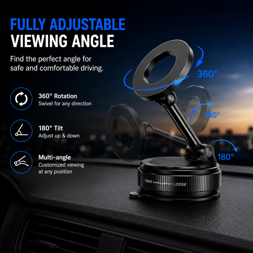 Magnetic Vacuum Suction Phone Holder – 360° Adjustable Car Dashboard & Windshield Mount