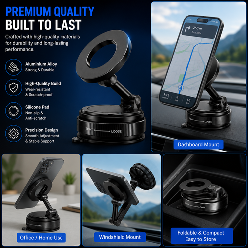 Magnetic Vacuum Suction Phone Holder – 360° Adjustable Car Dashboard & Windshield Mount